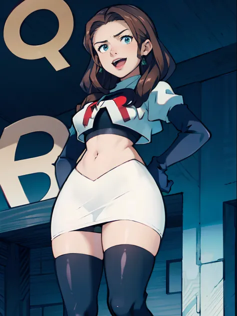 Dorothea, Team Rocket, Team Rocket uniform, red letter R, white skirt, white crop top, black thigh-highs, black elbow gloves, evil laugh, hands on hips, both holding a microphone