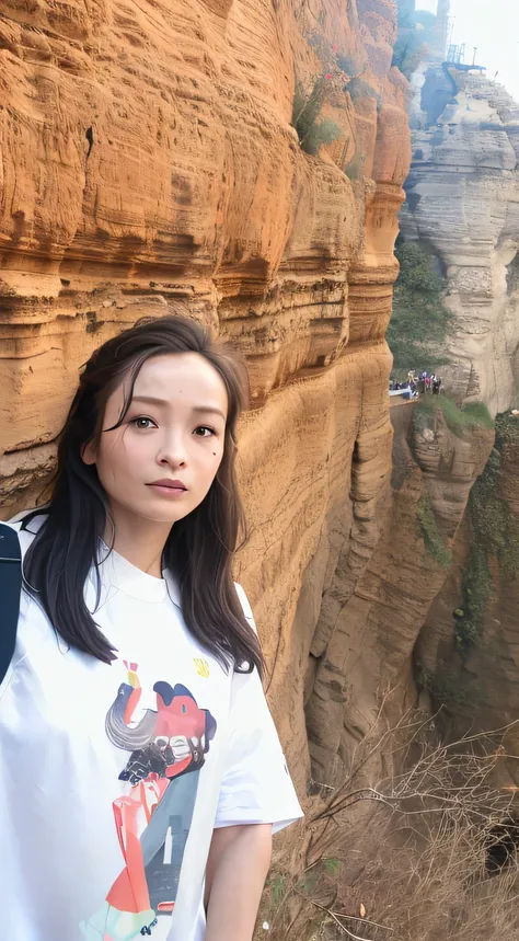 Arad woman standing in front of a cliff admiring the beauty of the cliff, author li zhang, Zhang Pengzhen, xintong chen, jinyiwei, wenfei ye, xue han, Qiu Fang, xiaofan zhang, Li Zixin, Wang Qichao, chinese artist, xiaolong wang, wei wang, 2 8 years old