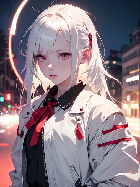 1girl,Albino, cute, white hair, short hair, beautiful, long hair,red eyes, wearing a jacket, hair with a ribbon,night light ((8k, UHD, ultra realistic))?