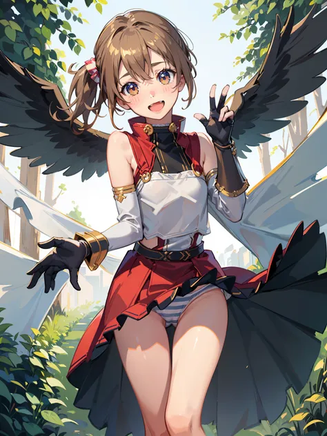 best quality ,masterpiece, 1girl, solo, silica, lowleg skirt, fine detailed shiny eyes, flat chest, highres, wallpaper, 8k, best lighting, extremely detailed illustrations, blush, embarrassed, smile, open mouth, ((realistic striped white panties)), crotch ...