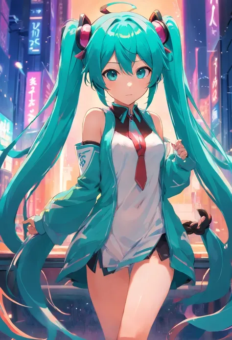 miku hatsune,twin tails with long braids,Succubus attire,Shy