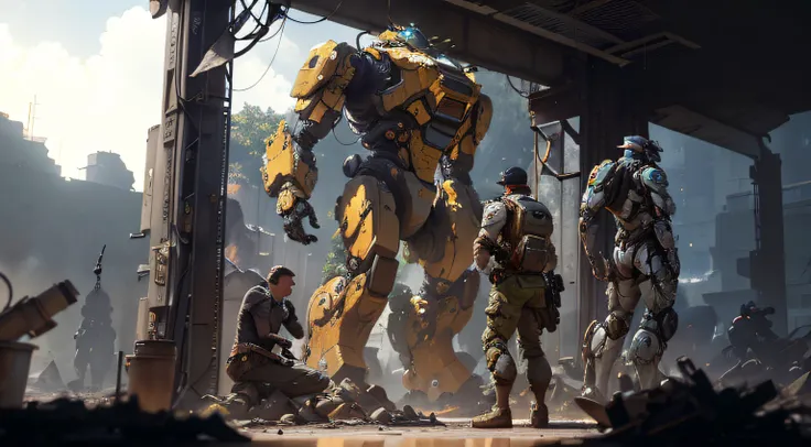 There is a large robot surrounded by a lot of people, Inspired by the anthem game, soldiers and mech fight, Futuristic fighting style, ezio, apex legends concept art, Advanced military technology, National anthem competition, Craig Mullins dappled lights, ...