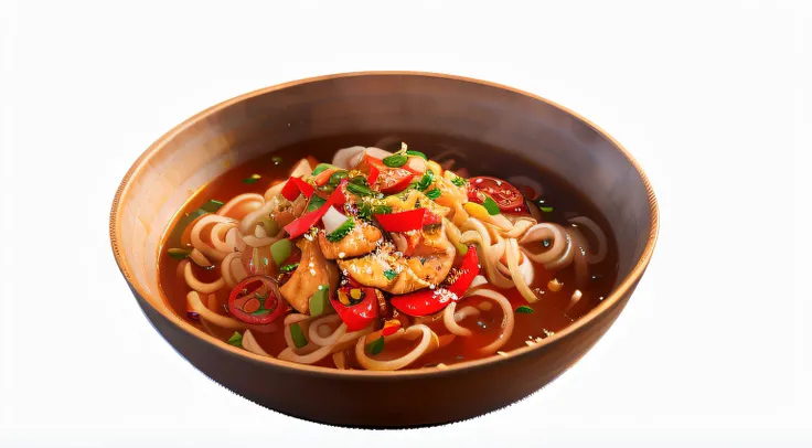 There was a bowl of noodles，There is pork and vegetables inside,Chili rings， sichuan, Realistic photos of delicious noodles,k hd， inspired by Wang Mian, inspired by Tan Ting-pho, delicacy, in style of pan ren wei, aokamei, detailled image,, high quality fo...