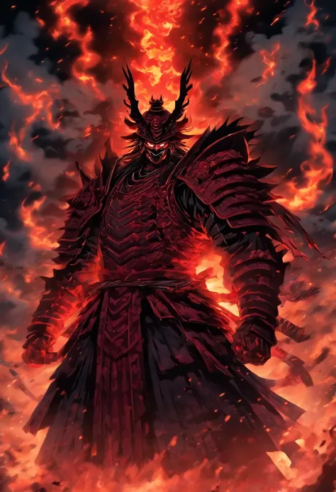 In a world consumed by darkness, Where ancient legends come to life, Imagine a demonic shogun emerging from the fiery depths of hell. Depict a fearsome character dressed in crimson armor, An ethereal glow emanating from every crevice. With eyes that burn l...