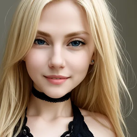 blond woman with blue eyes and a black bra top smiling, blonde hair and large eyes, blonde and attractive features, beautiful perfect face, perfect face ), young blonde woman, close-up perfect face, perfect face, attractive young woman, perfect face model,...