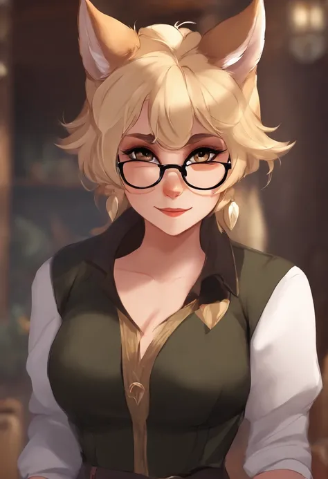 there is a draw image of a germany shepherd with glasses and a evade dress black, draw avatar, fursona, furry style, furry character, furry furaffinity, furry fursona, thicc, furry cute style, fursona!!!!, halfbody, hyena fursona, cheap messy blonde hair, ...