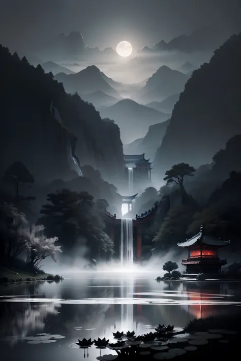 scenery,hell, Hellbringers,Chinese martial arts style,Asian night view with lanterns and water lilies,Asian ponds，There are many lanterns and boats，Night view can be enjoyed，There are many lights and boats in the water, Lake surface, lotuses,beautiful nigh...