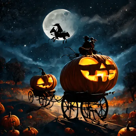 (halloween theme:1.0), (et:1.5), (pumpkin carriage:1.5), (commercial image:1.3), flying starry sky like a movie "et", like the f...