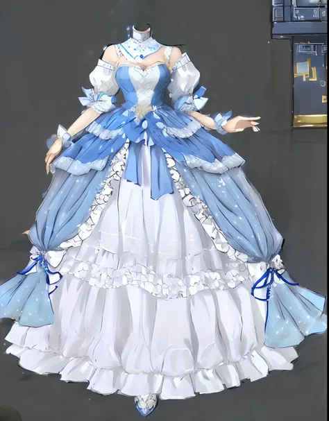 close-up of dress with blue and white dress, costume with blue accents, very detailed and rich clothing, robe. extremly high det...