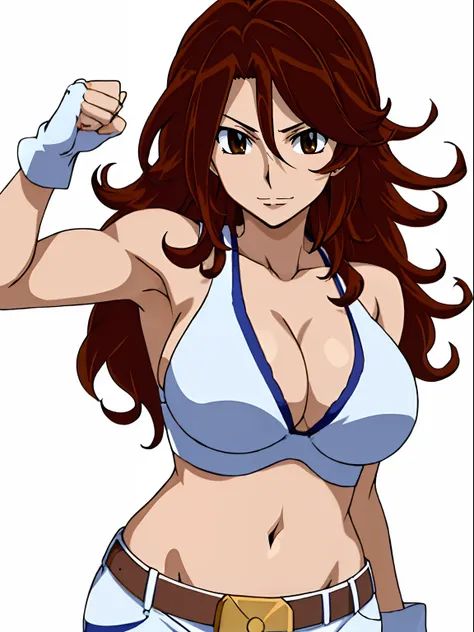 Flexing arm muscles, Karate stance, ((solo)), Best Quality, hires, curvy midsection, (tilt head, defined weak muscles, detailed muscles), smile, happy), upper body only, anime style: 1.8, anime drawing, ultra detailed face, ultra detailed body, 4k, Sumerga...