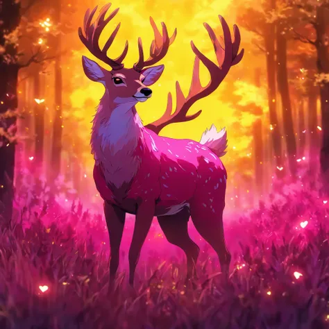 a detailed anime drawing of a large adult ((pink)) deer with ((bright yellow eyes)) that gives off a aura of grace with large heart-shaped antlers dashing through a meadow by itself