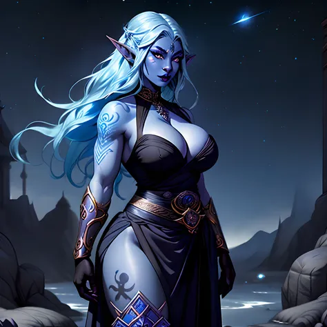 detailed art of a muscular elf woman. She has blue colored skin. Blue skin. Light blue skin. Light purple skin. She is wearing a flowing ornate black and silver kimono. She wears flat-soled black combat boots. She wears black gloves. she has black lipstick...