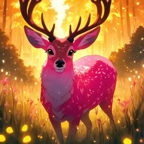 a detailed anime drawing of a large adult ((pink)) deer with ((bright yellow eyes)) that gives off a aura of grace with large heart-shaped antlers dashing through a meadow by itself