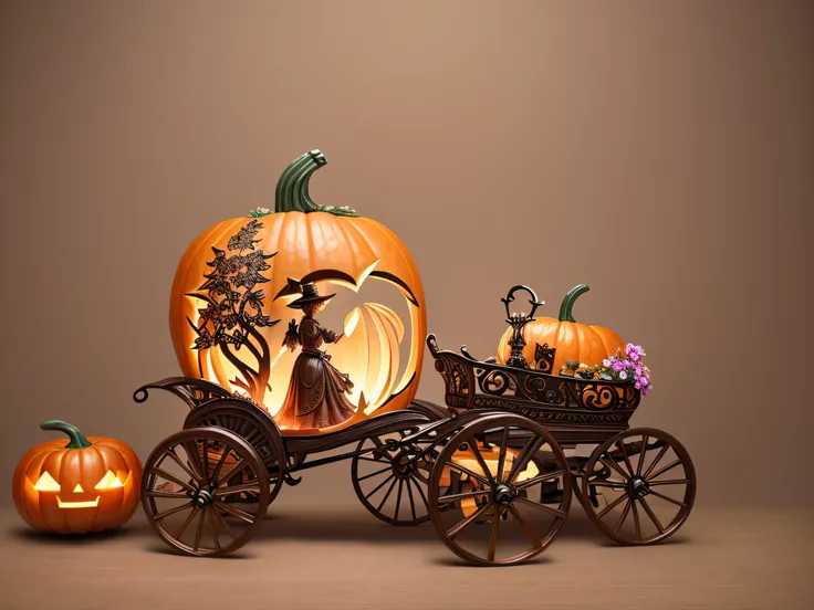 (Masterpiece) An enchanted pumpkin in the shape of a carriage adorned with a pointed hat. Brume tourbillonnante, sculptures et magnifiques ornements. enchanteur, Dark pastel color, Dim Light. (profondeur de champ, Best quality, digital art, Ultra detailded...