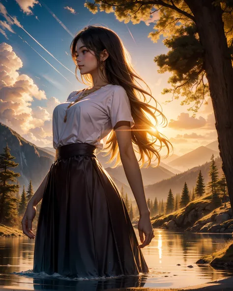 1 girl, happy expression, charming eyes, straight long hair, flowing skirt, big, looking at the sun, calm posture, porcelain-like skin, subtle blush, crystal pendant BREAK Golden Hour, (edge lighting): 1.2, cool colors, sun flare, soft shadows, bright colo...