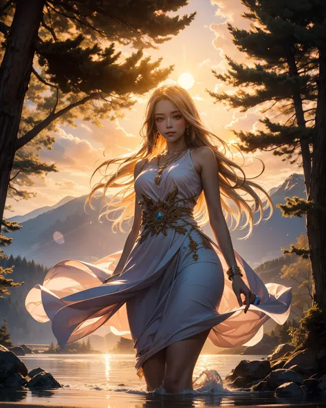 1 girl, happy expression, charming eyes, straight long hair, flowing skirt, big, looking at the sun, calm posture, porcelain-like skin, subtle blush, crystal pendant BREAK Golden Hour, (edge lighting): 1.2, cool colors, sun flare, soft shadows, bright colo...