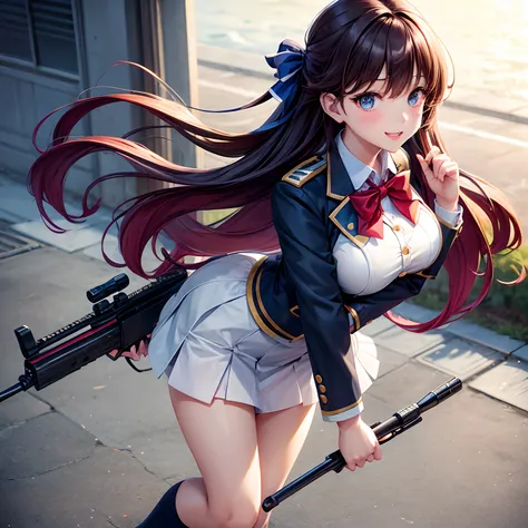 a beauty girl，Ribbon on uniform，Cute uniform，blazers，A smile，Girl with a sniper rifle，Savage Girls，girl，top-quality，Colossal tits，​masterpiece，Excellent style，Erotic Cute，超A high resolution，beautiful a girl，Lovely girl，multicolored hair，Loose socks，HD imag...