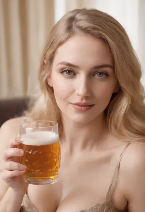 Un soutien-gorge sans soutien-gorge,  nu, ,  Masterpice Photorealistic Big Blonde Woman on a Couch, holding a beer, Corps complet Corps parfait, visage parfait, Souriant, Disque dur, Cadre de distance, negligee