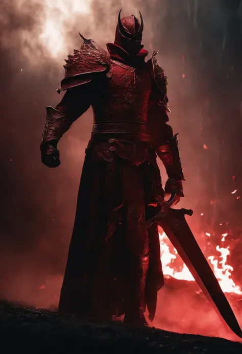 A red greatsword made with blood,devilish design,black background,red aura,lustrous metallic finish,ominous atmosphere,sharp and menacing edges,elaborate engraved patterns,gruesome details of blood drips,menacing presence,glowing eyes of the devilish figur...