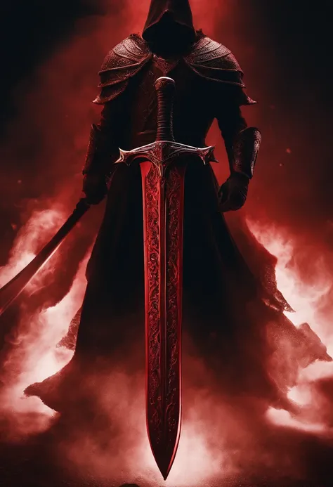 A red greatsword made with blood,devilish design,black background,red aura,lustrous metallic finish,ominous atmosphere,sharp and menacing edges,elaborate engraved patterns,gruesome details of blood drips,menacing presence,glowing eyes of the devilish figur...