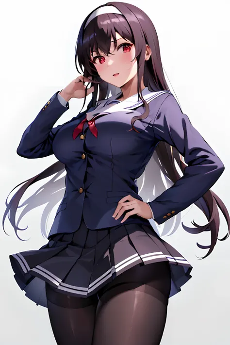 masterpiece, best quality, highres, kasumigaoka utaha, 1girl, solo, pantyhose, long hair, black pantyhose, skirt, school uniform, black hair, hairband, red eyes, pleated skirt, long legs, white hairband, breasts, serafuku, bangs, jacket, large breasts, cow...