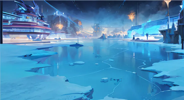 There is a picture of a freezer pool, ross tran. scenery background, Arte conceitual de inverno, concept art stunning atmosphere, Anime landscape concept art, ice city in 2 0 8 0, zootopia concept art, environment design illustration, arte de fundo, concep...