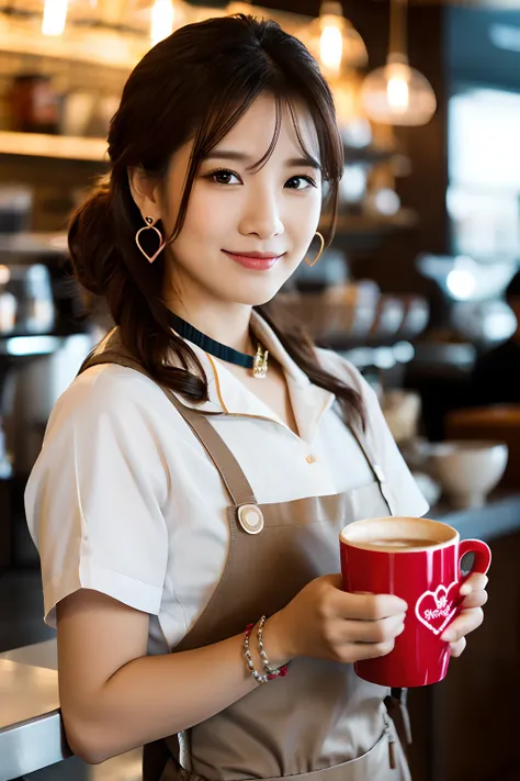 Works of masters，超高分辨率，8K分辨率，depth of fields，Exquisite facial features，Glowing skin，Girl，solo person，Barista，Watery eyes，Glowing eyes，ssmile，long whitr hair，A brown-haired，Wave head，heart-shaped hair ornament，Bracelet，Collar，hoop earings，Workplace uniforms...