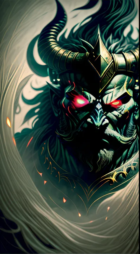 An intense close-up of a ravan the demon king of  Sri Lanka with piercing, glowing eyes, surrounded by an inky darkness. the demon king having ten heads ,His horned helmet gives him an imposing silhouette, while his wild, flowing beard adds a touch of rugg...