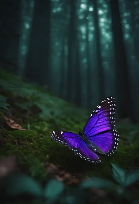 A butterfly，Fly over the forest，purpleish color，The trail marks the galactic stars，uncanny，Exquisite details，Game shots