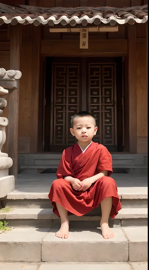 Best quality, Masterpiece, 超高分辨率, (Realisticity: 1.4), Original photo, 1 little man, little monks，Sit Pose，Background temple