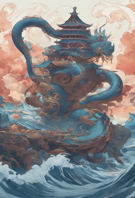 China-style，Chinese mythology，Xuanwu，faucet，Turtle body，Heavy tortoiseshell shell，The snakes tail grows out，has horns on its head，tosen，Ferocious，gargantuan，The eyes glow blue light，the sea，Huge waves，surrounded by cloud，中景 the scene is，Full body like， hig...