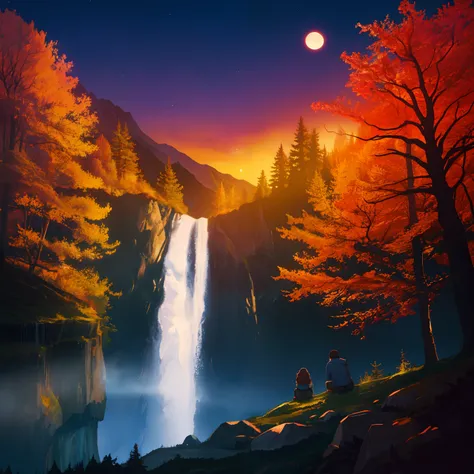 Background woodland, mountains, waterfall, moon, warm colors, clear sky, night, crickets, cinematic lighting