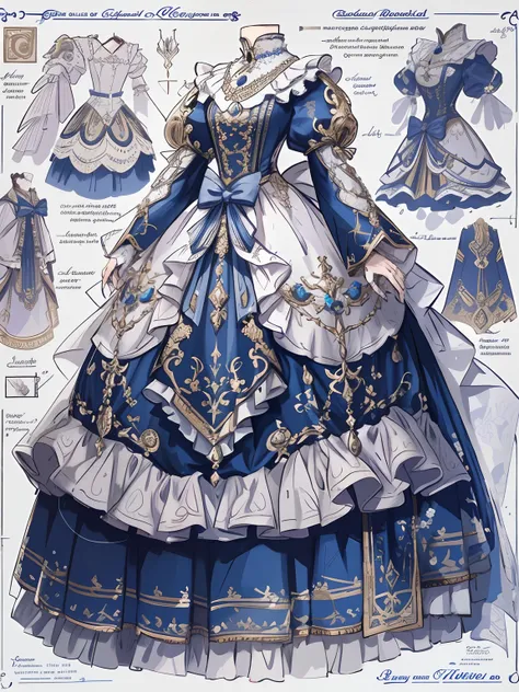 There are a lot of close-ups of dresses in different designs, very detailed and rich clothing, royal robe, Rococo dress, Robe. extremly high detail, intricate costume design, highly detailed exquisite fanart, Highly detailed character design, Detailed clot...