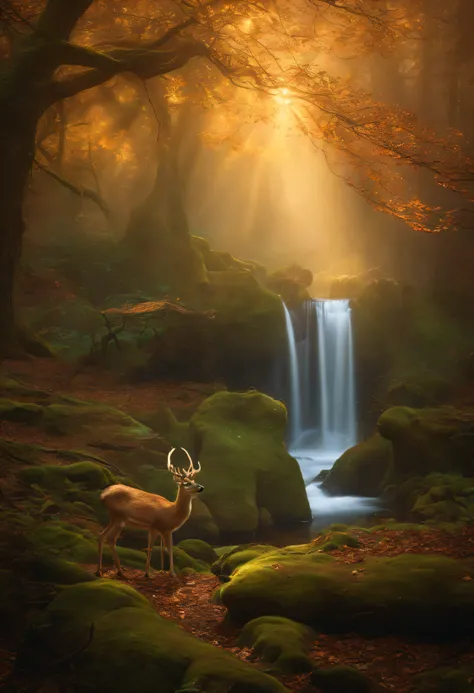 an enchanted forest，Magical creatures，glowing mushrooms，sparkling waterfalls，fantasy，Leonora Carrington，a fantasy forest，Hazy perspective，sunlight filtering through the trees，Glowing sika deer，