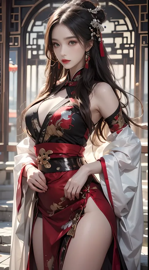 Photorealistic, High resolution, 1 woman, hips up high, Beautiful eyes, Long hair, Ringed Eyes, Jewelry, The tattoo, Hanfu, chinese fairy, Taoist uniform