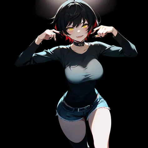 1girl, tomboy, high quality, better render. black nails, black messy short hair, glowing yellow eyes, yandere expression, better...