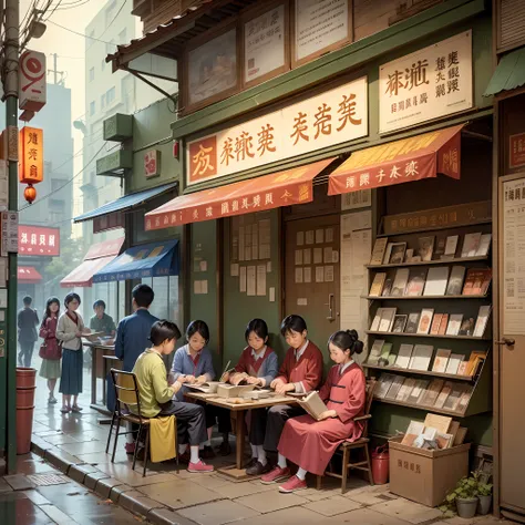 A picture depicts Chinese sitting on the sidewalk reading a book with makeshift bookstores and newsstands along the road, with 50 people, adults and children. The picture has a strong Chinese style, and the background elements show the atmosphere of the 19...