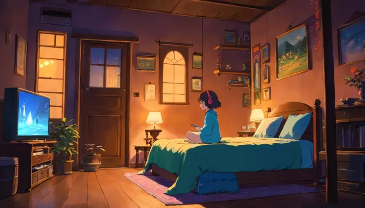 Girl listening to music in a cozy room at night, Usando fones de ouvido, Anime estilo 2D, Lo-fi, hd, Ambiente escuro