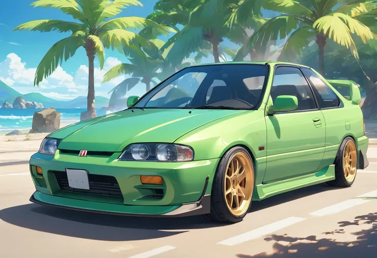 car parked in a parking lot with beach background, summer, wide body, honda civic eg6, epic stance, front profile!!!!, s clean lines, long front end, powerful stance, tunning, desaturated!!, full view of a car, steel light green body, perfect!!!, perfect s...