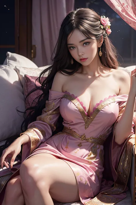 The art depicts a charming woman dressed in a flowing, silky traditional oriental dress, pink, decorated with intricate patterns and bright colors. Her dress drapes elegantly over her curvy figure, accentuating her seductive silhouette. She stood gracefull...