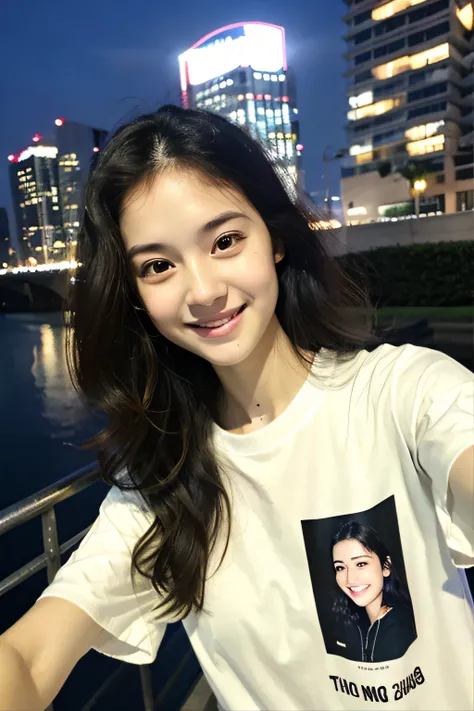 23 years old cute girl, ((upper body selfie)), (smile:1.2),  beautiful, long black wavy hair, brown eyes, upturned eyes, straight thin eyebrows, no make up, (white oversize t-shirt:1.2), oversize_shirt, on top of the building, fisheye, night, (photorealist...