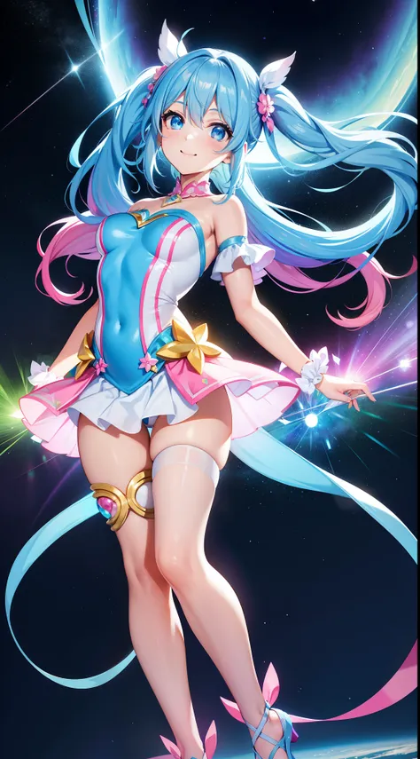 Super Idol　a beauty girl　A charming smile　sky blue hair　length hair　Twin-tailed　Glittery bright pink and white and blue and yellow leotards　facing front　Mystical　Fantasia　constellation　a moon　Crystal Brilliance　Aurora Borealis in the Night Sky　Large in the...