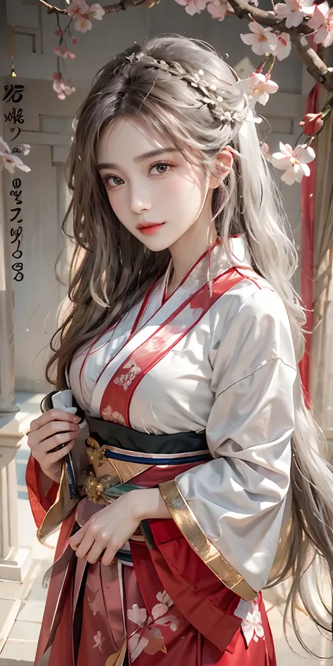 Photorealistic, High resolution, Soft light,1womanl, Solo, hips up high, glistning skin, (Detailed face),The tattoo, Jewelry, Wedding Hanfu, Bright red clothes, cherry blossom, Night, White wavy hair, Beautiful Soldier, An eye that invites the viewer, Love...