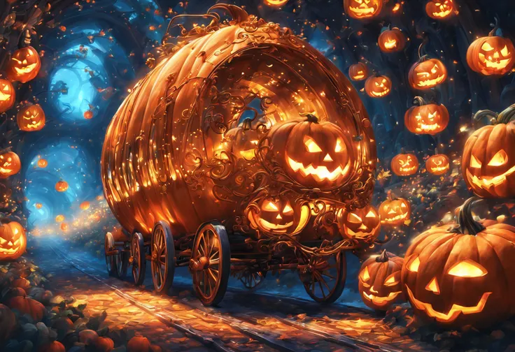 (best quality,4k,8k,highres,masterpiece:1.2),long exposure,fantastical,interactive,wonderful pumpkin carriage moving in a time tunnel,fantasy space,ultra-detailed,magical,whimsical,vibrant colors,ethereal lighting.futuristic-fantasy-anime