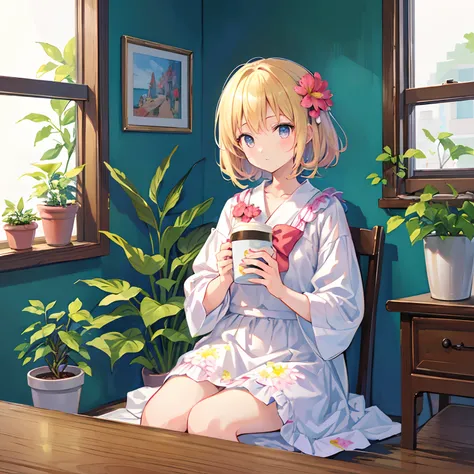 masutepiece,Best Quality,masutepiece,Best Quality,Official art,the Extremely Detailed CG Unity 8K Wallpapers,Slight retro color,riso print style,Illustration,Cute,1girl in,Flowers,Window,flower pots,drinking a cup of coffee,.