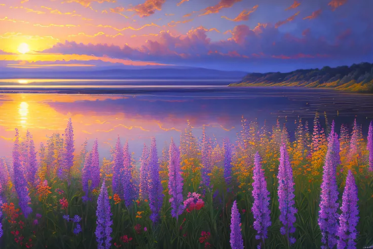 Eau couleur cobalt,coucher du soleil,fleurs,(Highly detailed CG Unit 8k wallpaper), The most beautiful work of art in the world, Professional majestic oil painting, complexe, High detail, mise au point nette, dramatique, Art of photorealist painting,