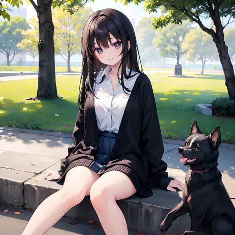 girl with、1 persons、18year old、Dark hair、Black eyes、length hair、A smile、huge smile、Smaller chest、Pupils、校服、Cardigan、Play with lots of dogs in the park、fullbody image