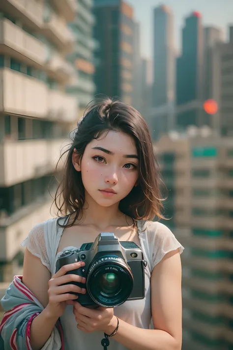 20-year-old girl, Hold the camera in both hands, Face the lens, High-rise buildings in the background.