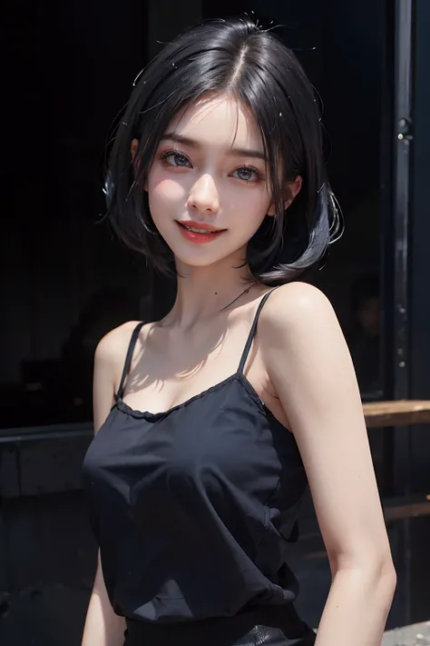 a 20 yo woman、Black blue Hair、long twintail、Big smile、camisole、(hi-top fade:1.3)、dark themed、Muted Tones、Subdued Color、highly contrast、(natural skin textures、Hyper-Realism、Soft light、sharp)