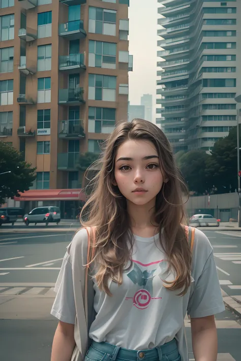 20-year-old girl, Hold the camera in both hands, Face the lens, High-rise buildings in the background.